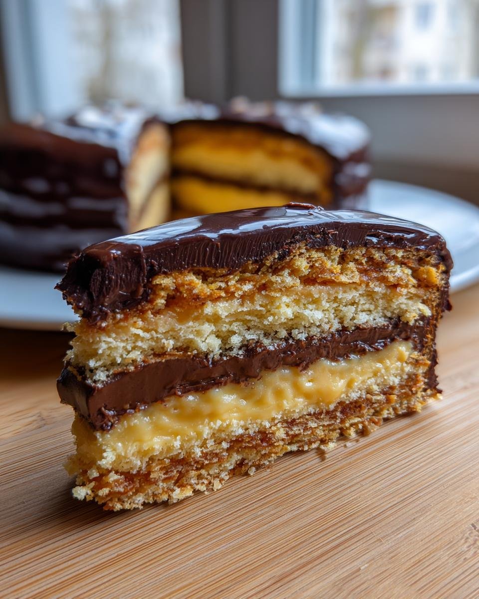 A slice of Irresistible Boston Cream Pie Recipe with layers of cake, cream, and chocolate ganache.