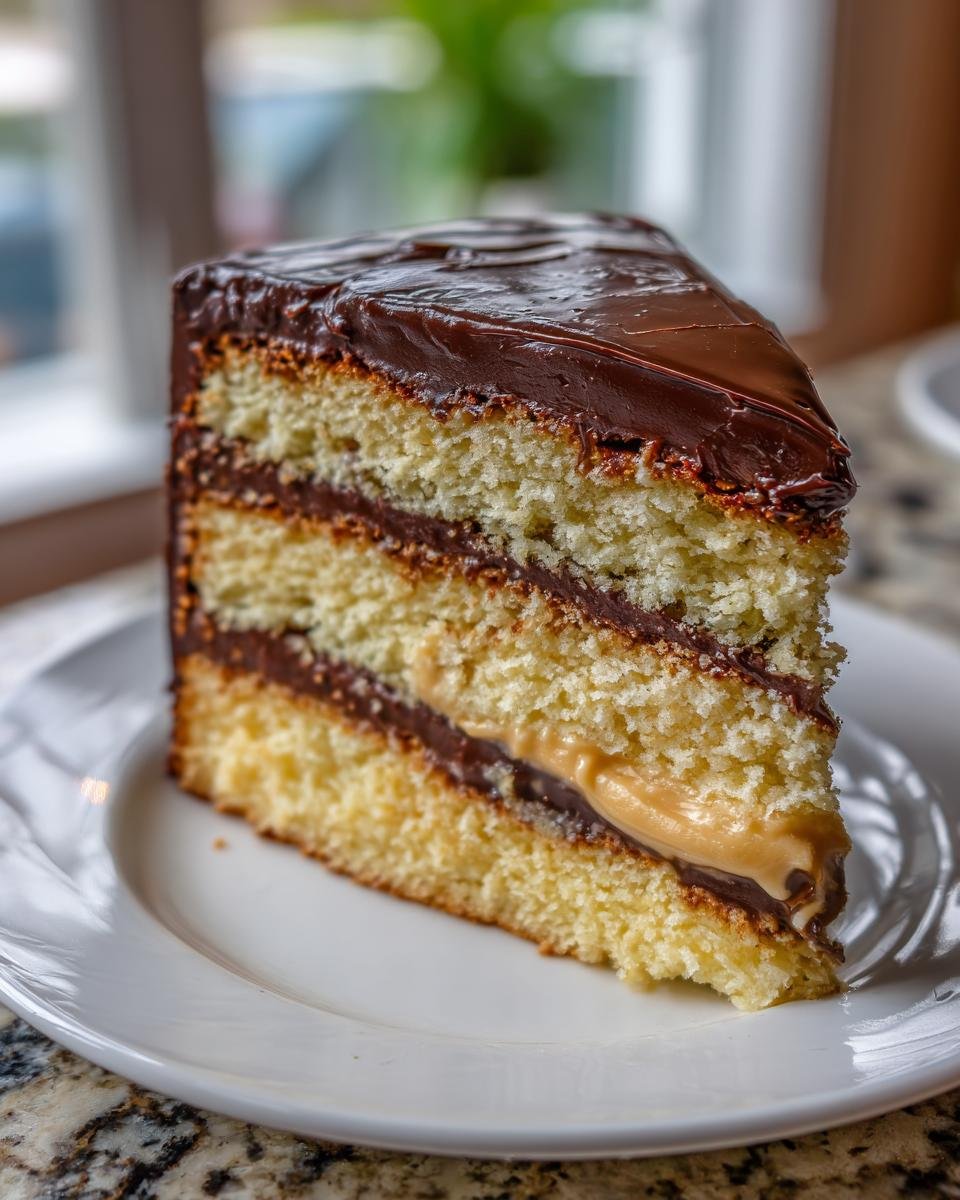 A slice of Irresistible Boston Cream Pie Recipe with layers of yellow cake, chocolate ganache, and cream filling.