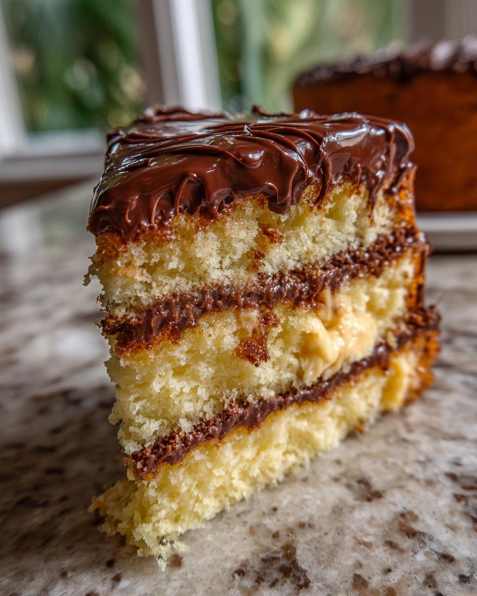 A delicious slice of Irresistible Boston Cream Pie Recipe, showing layers of yellow cake, chocolate ganache, and cream filling.