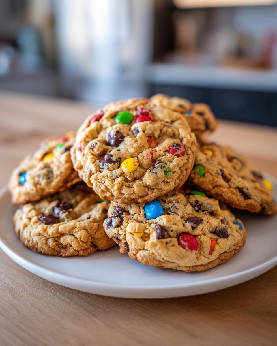 A stack of Irresistible Cake Mix Monster Cookies loaded with chocolate chips and colorful M&Ms on a white plate.