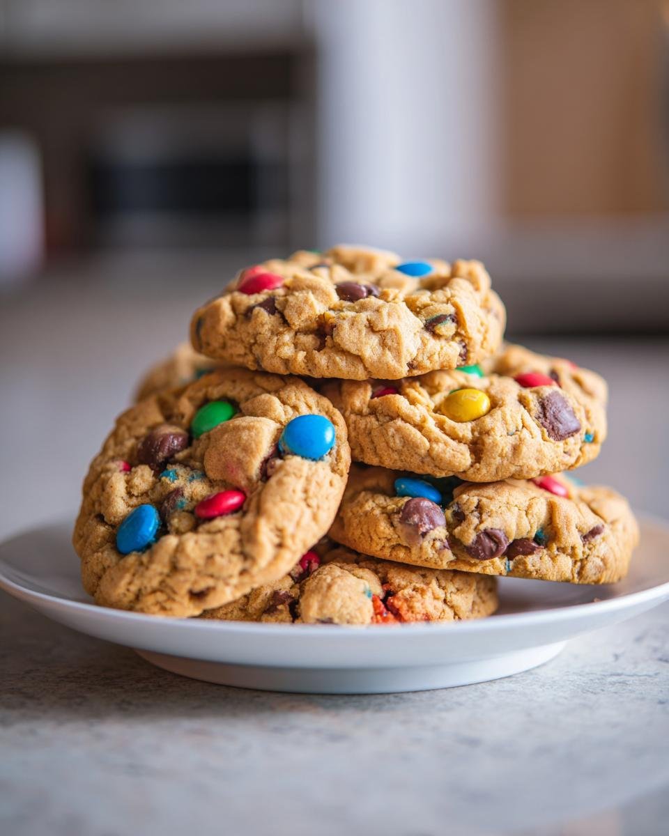 A stack of Irresistible Cake Mix Monster Cookies loaded with chocolate chips and colorful candy pieces on a white plate.