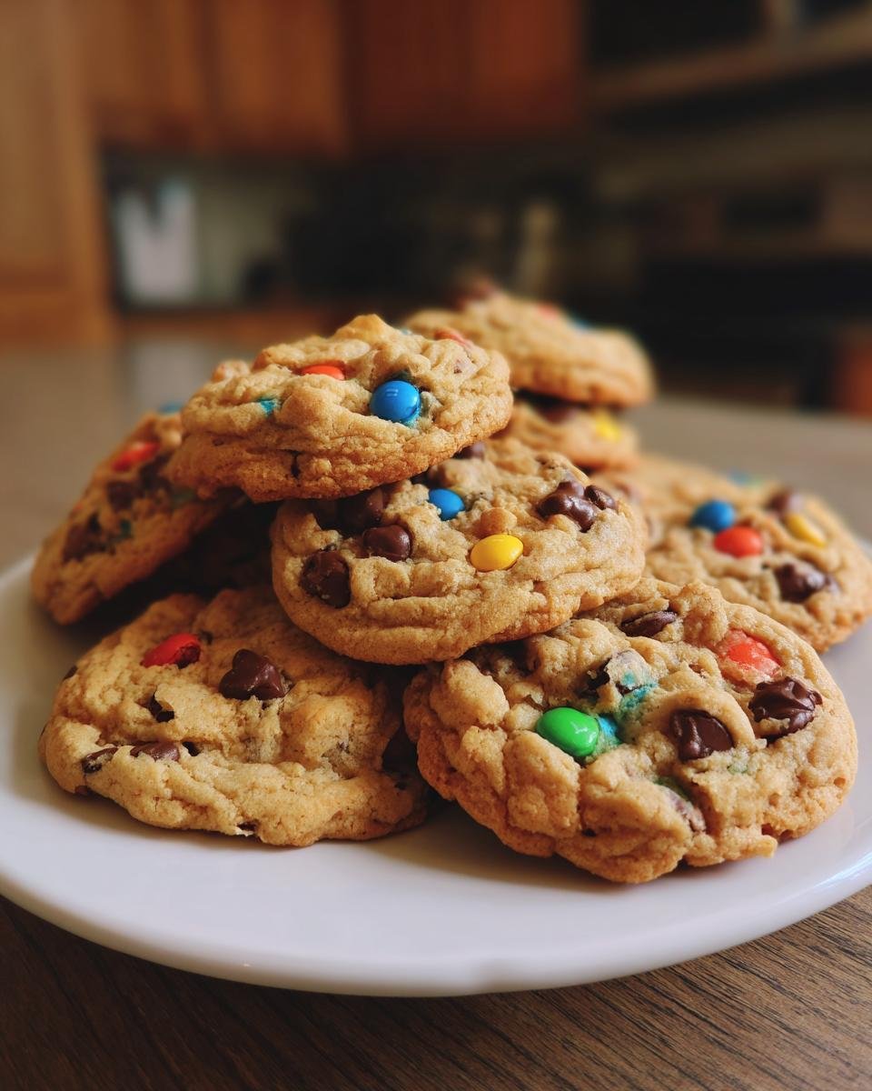 A pile of Irresistible Cake Mix Monster Cookies loaded with chocolate chips and colorful candies on a white plate.