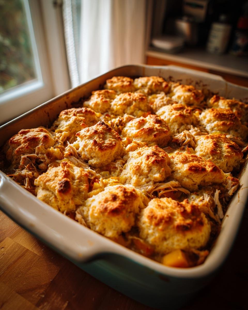 A close-up view of an Irresistible Chicken Cobbler in a baking dish, topped with golden-brown biscuits.
