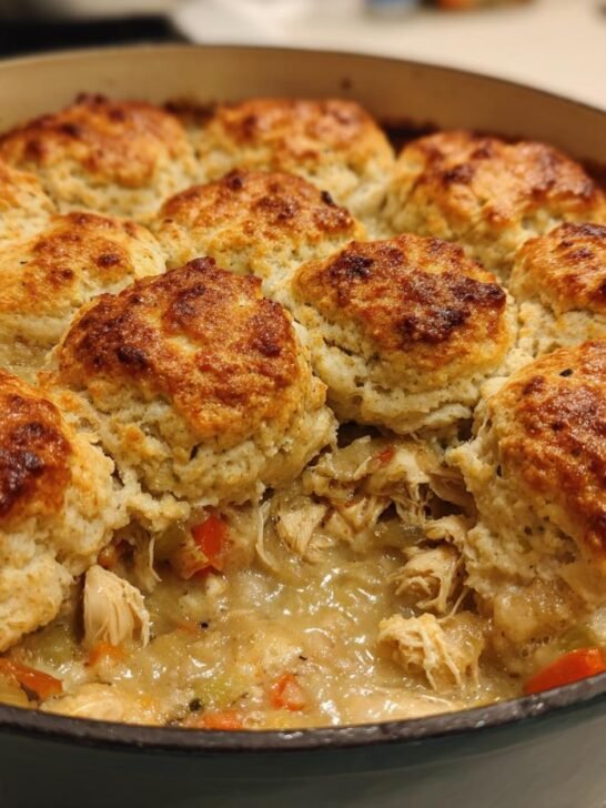 Close-up of an Irresistible Chicken Cobbler with golden-brown biscuits topping a creamy chicken and vegetable filling.