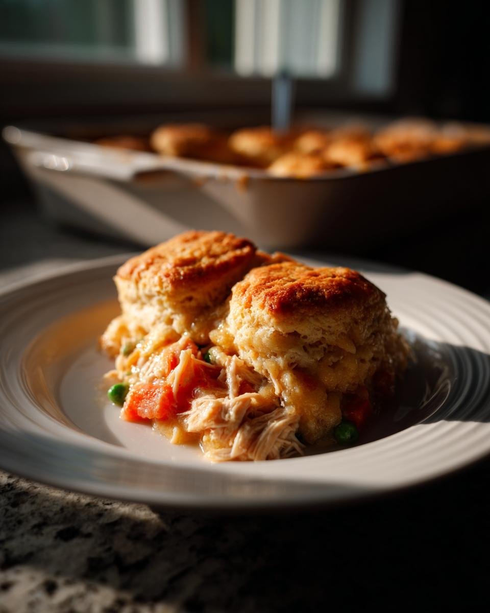A serving of Irresistible Chicken Cobbler topped with two golden-brown biscuits on a white plate.