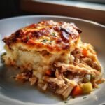A close-up of a serving of Irresistible Chicken Cobbler, with golden-brown biscuit topping over shredded chicken and vegetables.
