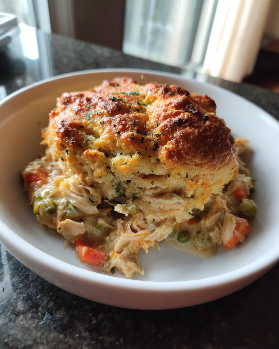 A serving of Irresistible Chicken Cobbler in a white bowl, featuring shredded chicken and vegetables topped with a golden biscuit.