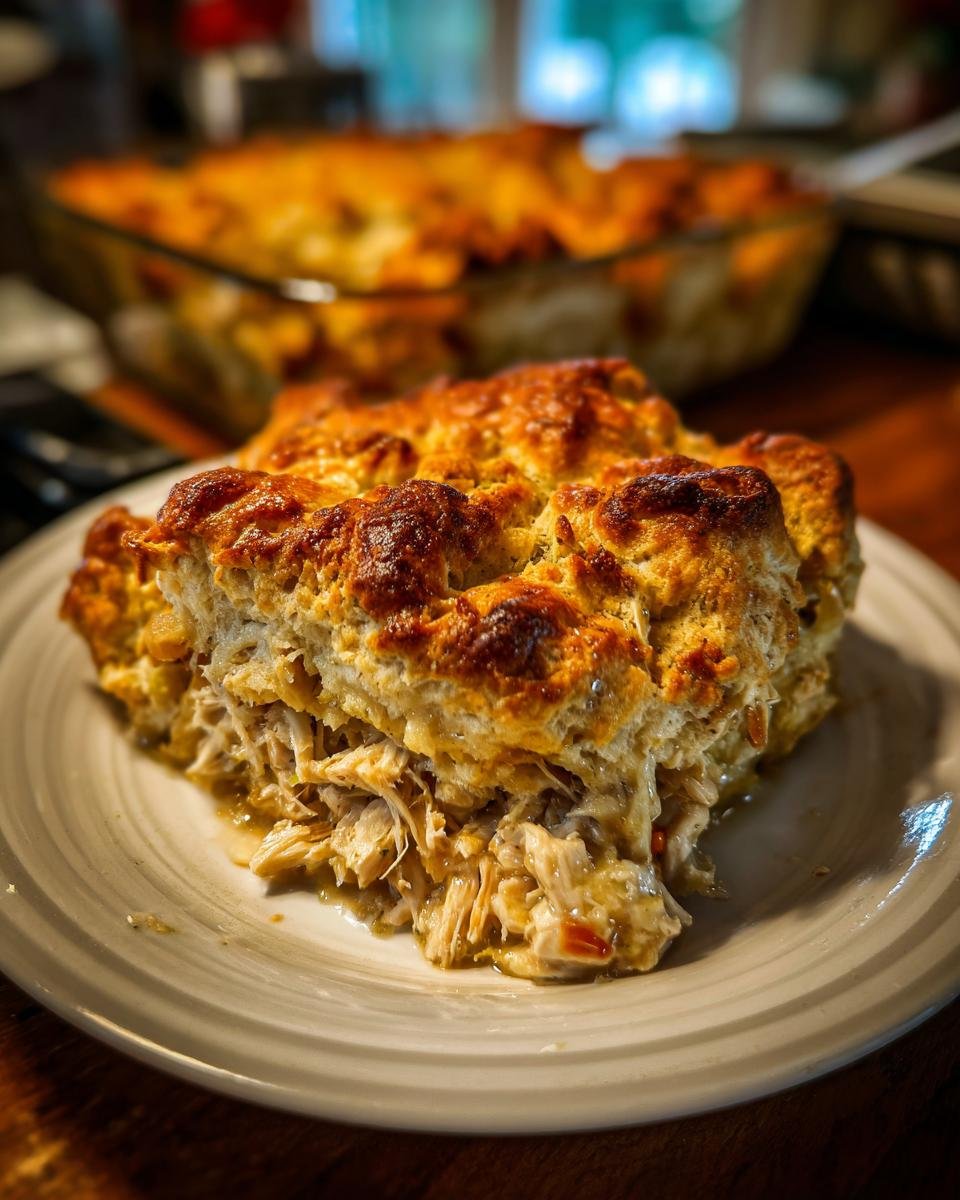A generous slice of Irresistible Chicken Cobbler, showcasing shredded chicken filling and a golden biscuit topping.