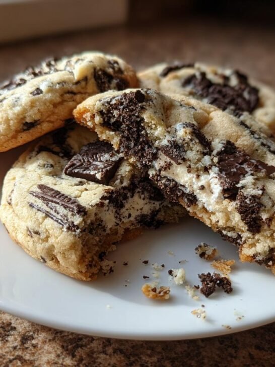 Close-up of Irresistible Cookies and Cream Cookies on a white plate, one cookie broken to show the creamy center and cookie chunks.