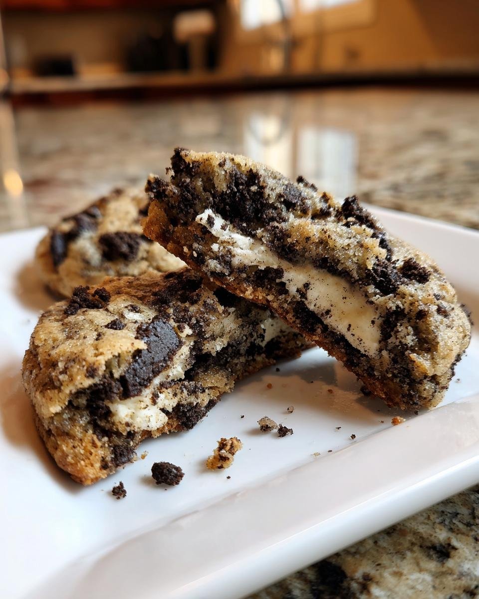 Close-up of an Irresistible Cookies And Cream Cookie broken in half, revealing a creamy white filling and chocolate cookie chunks.