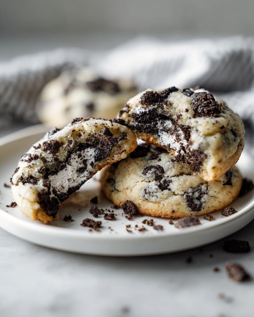 Close-up of Irresistible Cookies And Cream Cookies, one broken in half showing creamy white center and cookie crumbles.