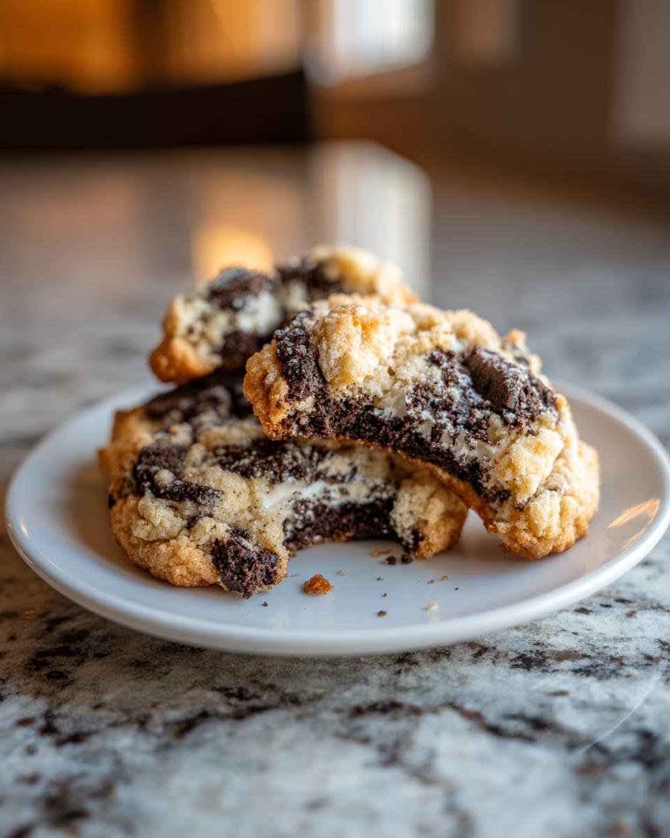 A close-up of Irresistible Cookies And Cream Cookies stacked on a white plate, showing the rich chocolate and creamy white filling.