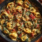 Close-up of Irresistible Creamy Spinach Tomato Tortellini in a pan, coated in a rich sauce with spinach and tomatoes.