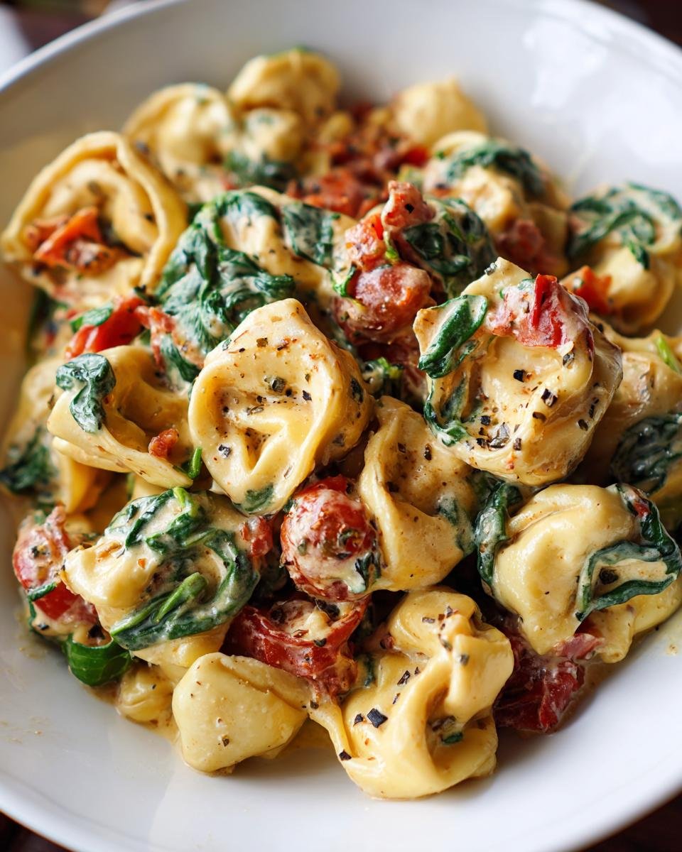 Close-up of Irresistible Creamy Spinach Tomato Tortellini in a white bowl, coated in a rich sauce with spinach and sun-dried tomatoes.