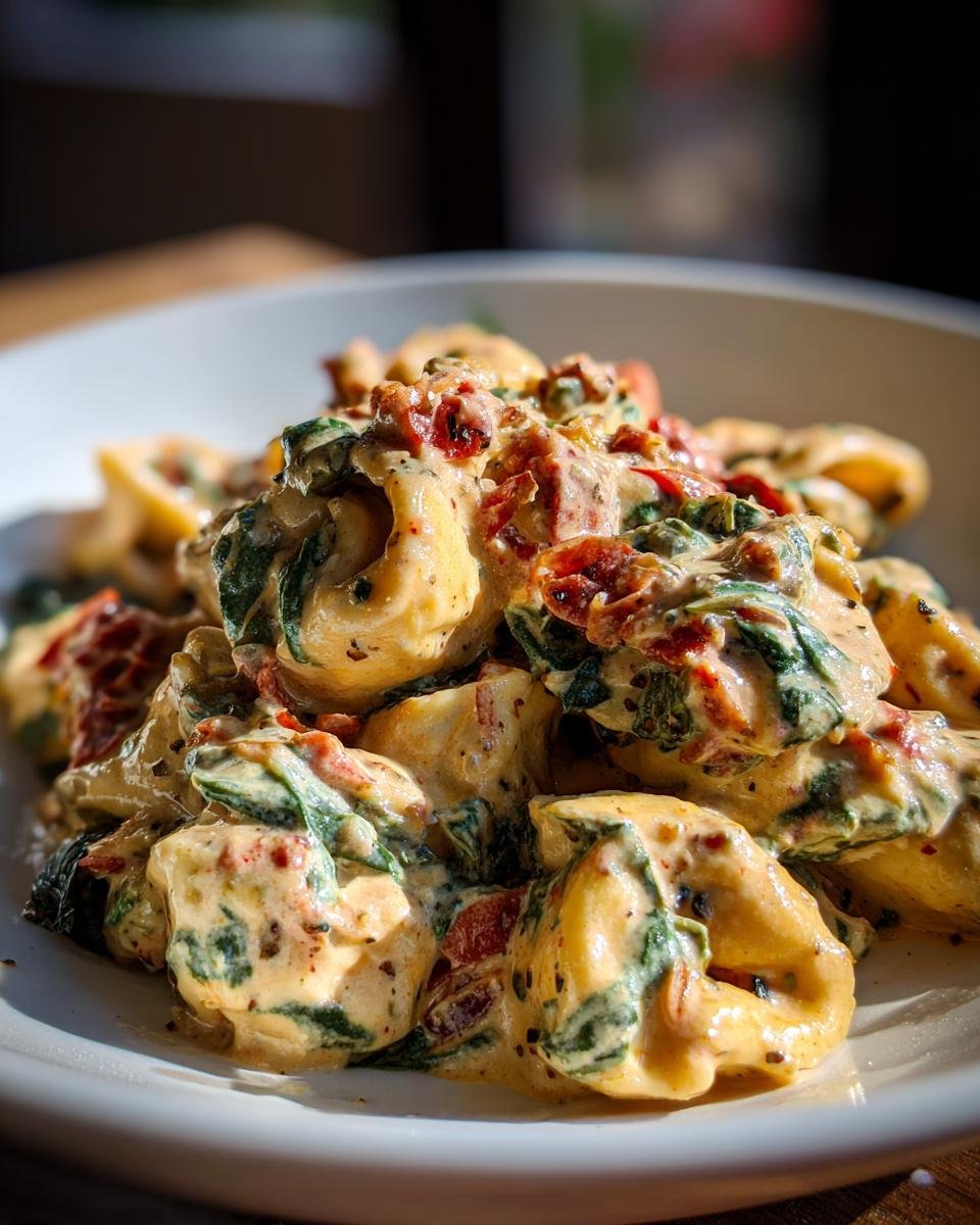 A close-up of Irresistible Creamy Spinach Tomato Tortellini in a white bowl, coated in a rich sauce with sun-dried tomatoes and spinach.