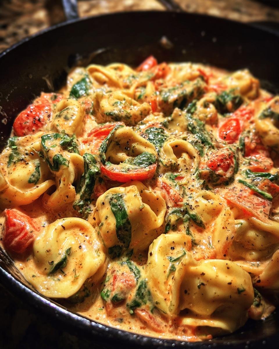 Close-up of Irresistible Creamy Spinach Tomato Tortellini in a skillet, coated in a rich sauce with cherry tomatoes and spinach.