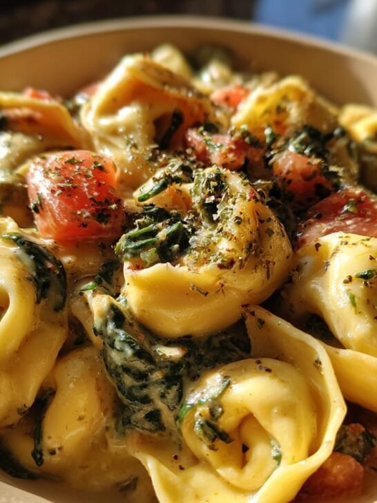 Close-up of Irresistible Creamy Spinach Tomato Tortellini in a bowl, coated in rich sauce with visible spinach and tomato pieces.
