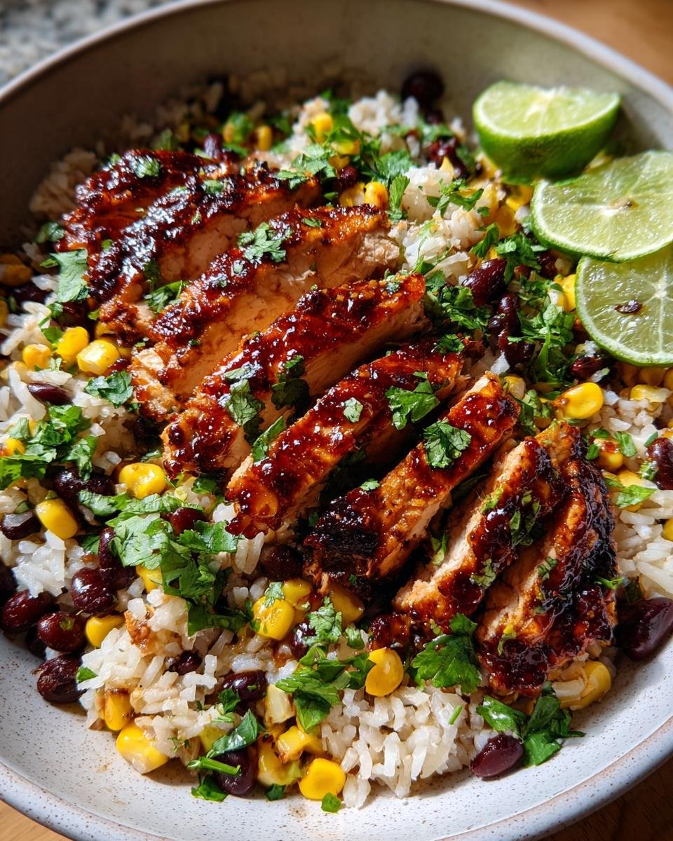 Close-up of a bowl filled with rice, black beans, corn, and sliced honey chipotle chicken, garnished with cilantro and lime.