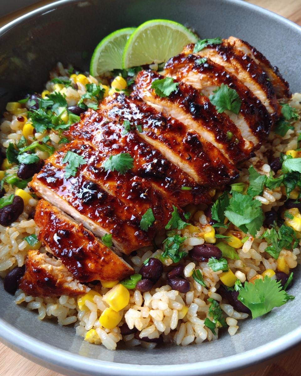 Close-up of an Irresistible Honey Chipotle Chicken Rice Bowl with sliced chicken, rice, black beans, corn, and cilantro.