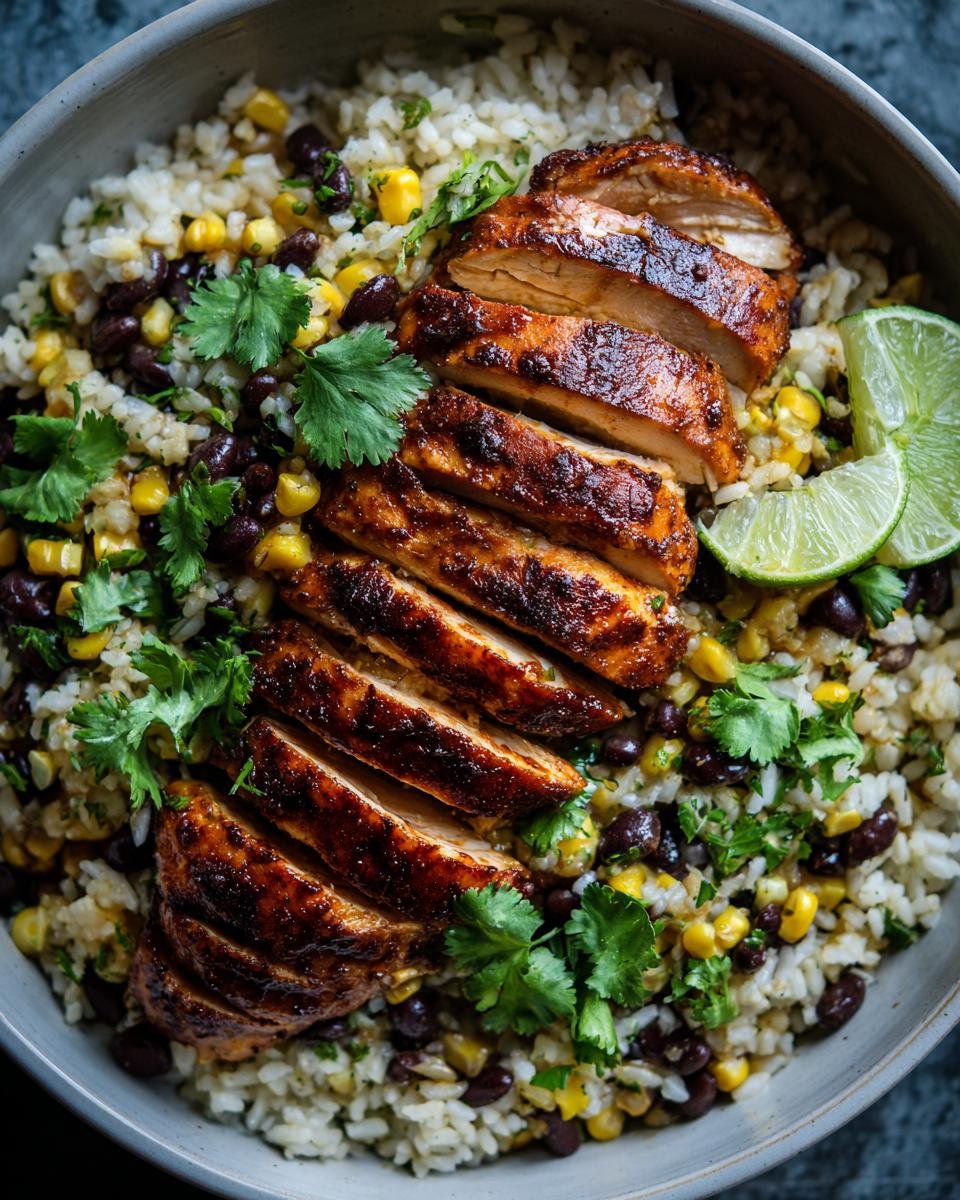 A close-up of an Irresistible Honey Chipotle Chicken Rice Bowl with sliced chicken, rice, black beans, corn, and cilantro.