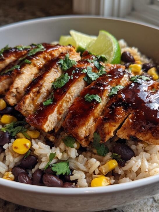 A bowl of Irresistible Honey Chipotle Chicken Rice Bowl with sliced chicken, rice, black beans, corn, and lime wedges.