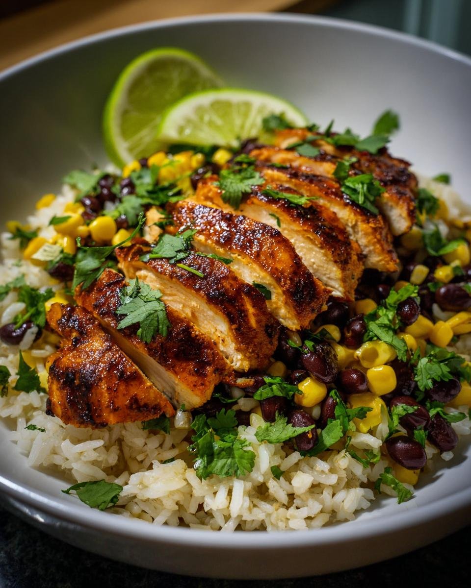 Close-up of Irresistible Honey Chipotle Chicken Rice Bowls with sliced chicken, rice, corn, black beans, and lime.