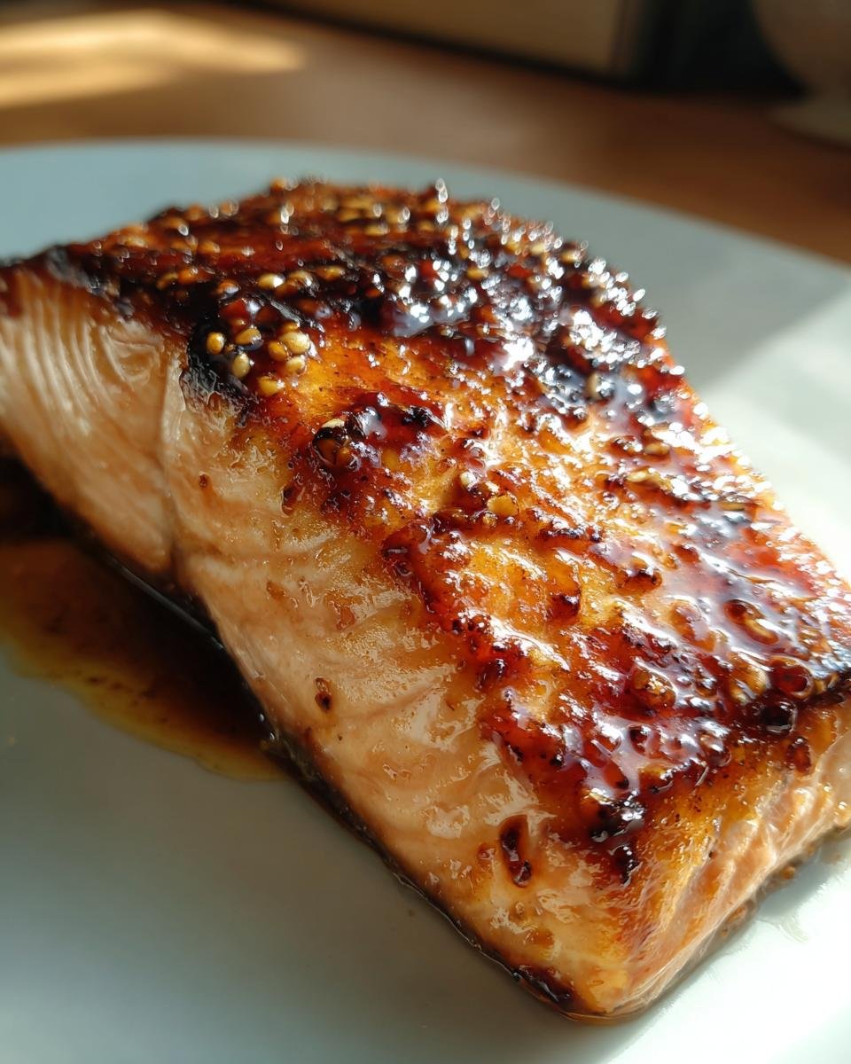 Close-up of an irresistible honey glazed salmon fillet, glistening with a rich sauce and sesame seeds.