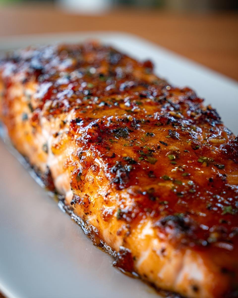 Close-up of a perfectly cooked, Irresistible Honey Glazed Salmon fillet with a shiny glaze and herbs.