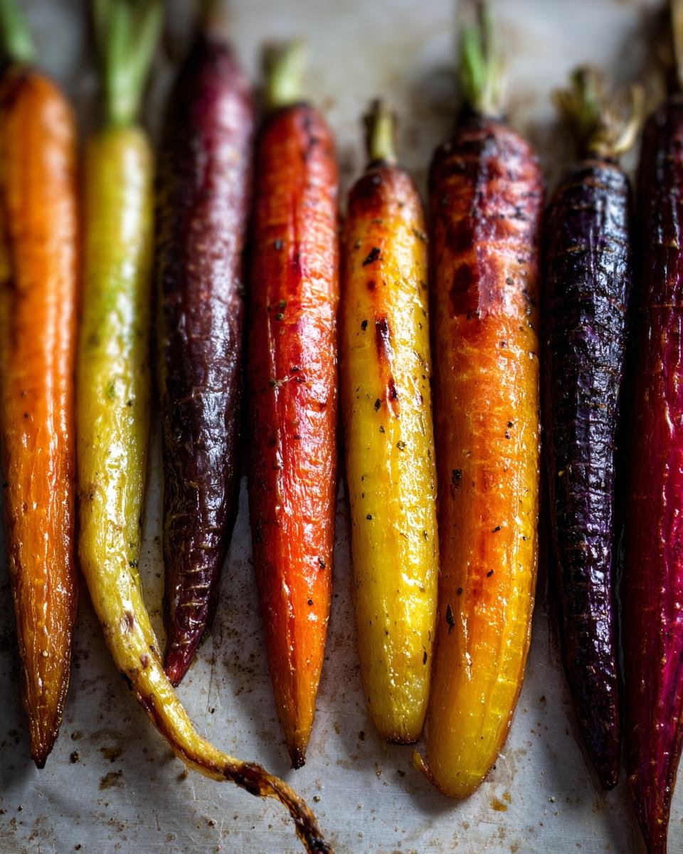 A close-up of a row of irresistible honey roasted colorful carrots, showcasing vibrant orange, yellow, red, and purple hues.