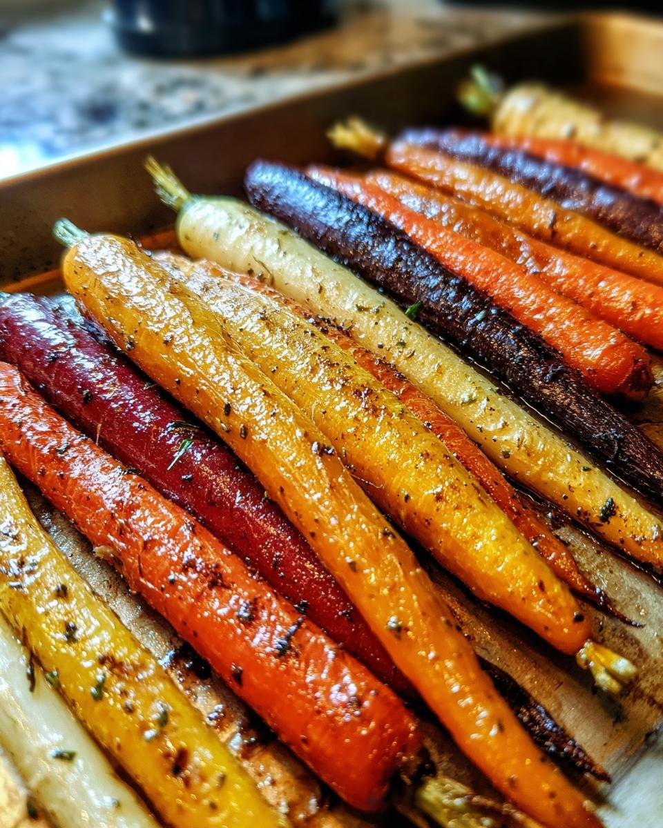 Close-up of a baking sheet filled with Irresistible Honey Roasted Colorful Carrots, glistening and seasoned.