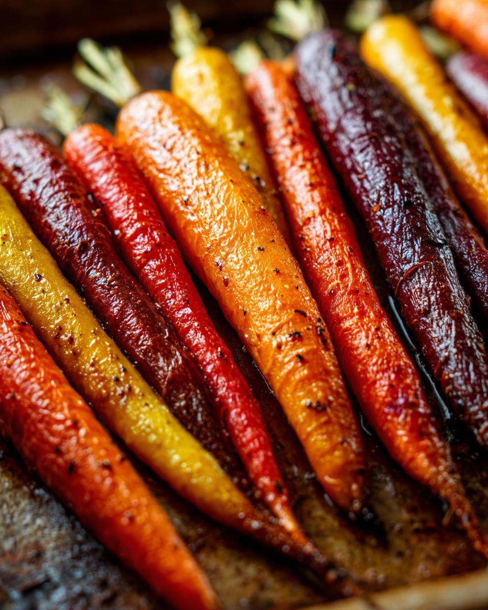 Close-up of irresistible honey roasted colorful carrots, showing vibrant orange, yellow, red, and purple hues.
