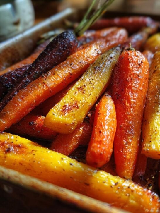 Close-up of Irresistible Honey Roasted Colorful Carrots, glistening and seasoned with pepper in a baking dish.