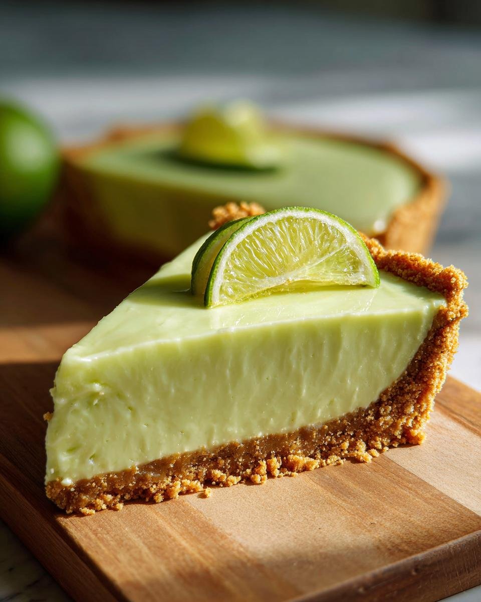 A close-up of a slice of key lime pie recipe, showcasing its creamy filling and graham cracker crust, topped with a lime wedge.