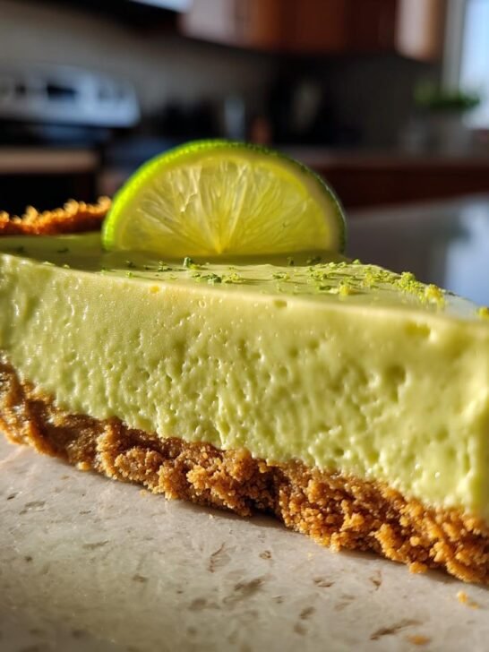 A slice of key lime pie recipe with a graham cracker crust, topped with lime zest and a lime wedge.