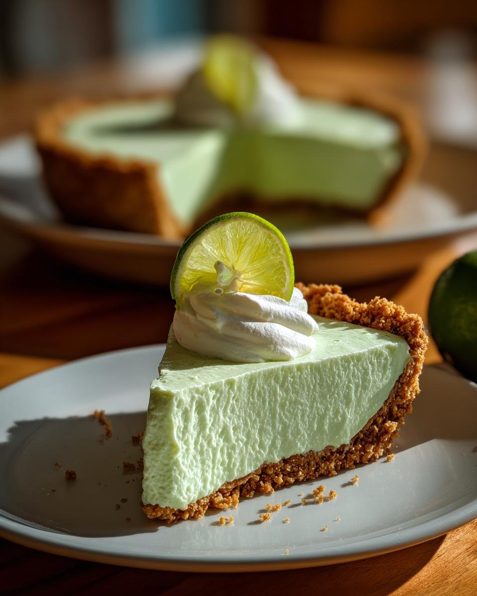 A slice of key lime pie recipe topped with whipped cream and a lime wedge on a white plate.