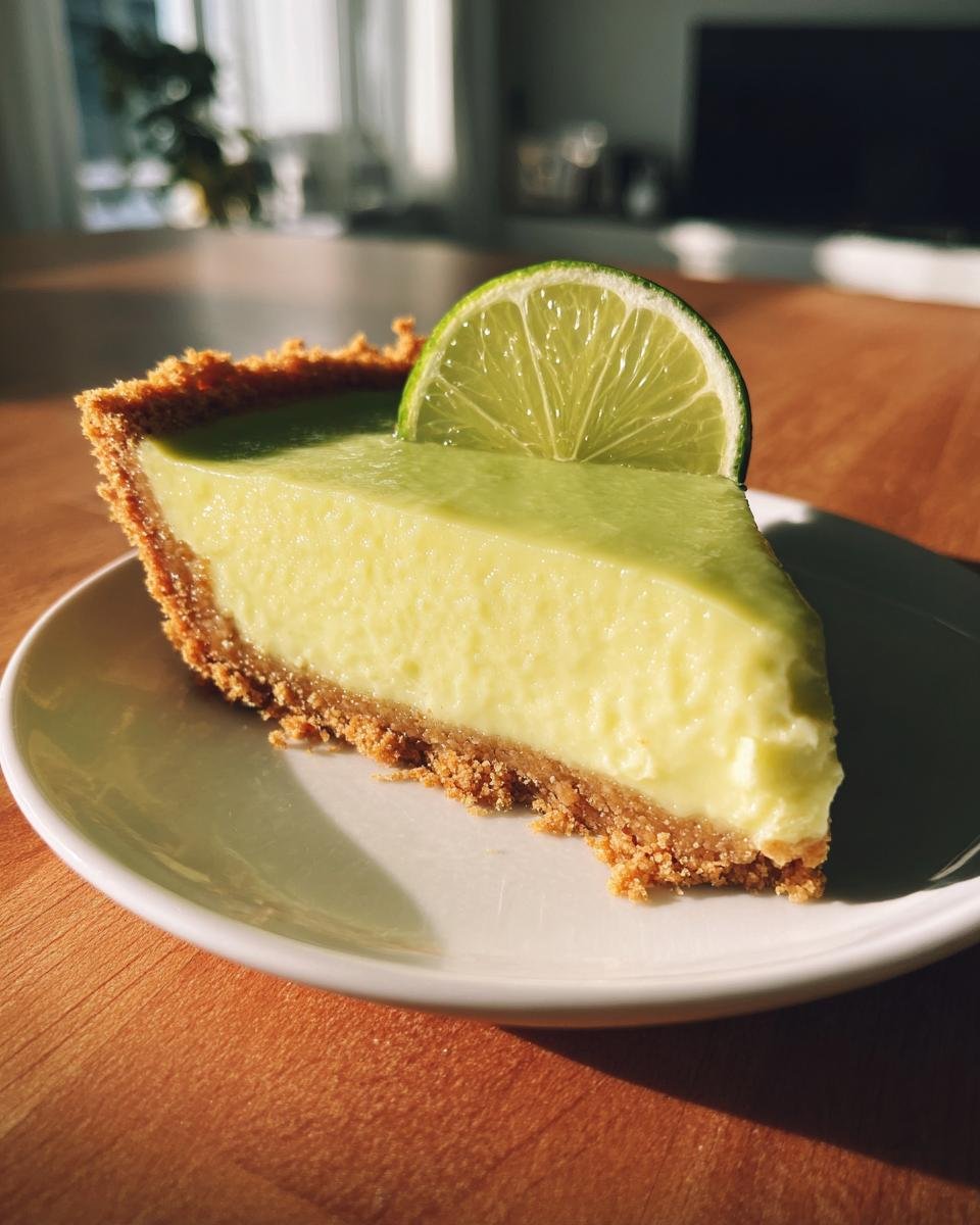 A slice of key lime pie with a graham cracker crust, topped with a lime wedge.