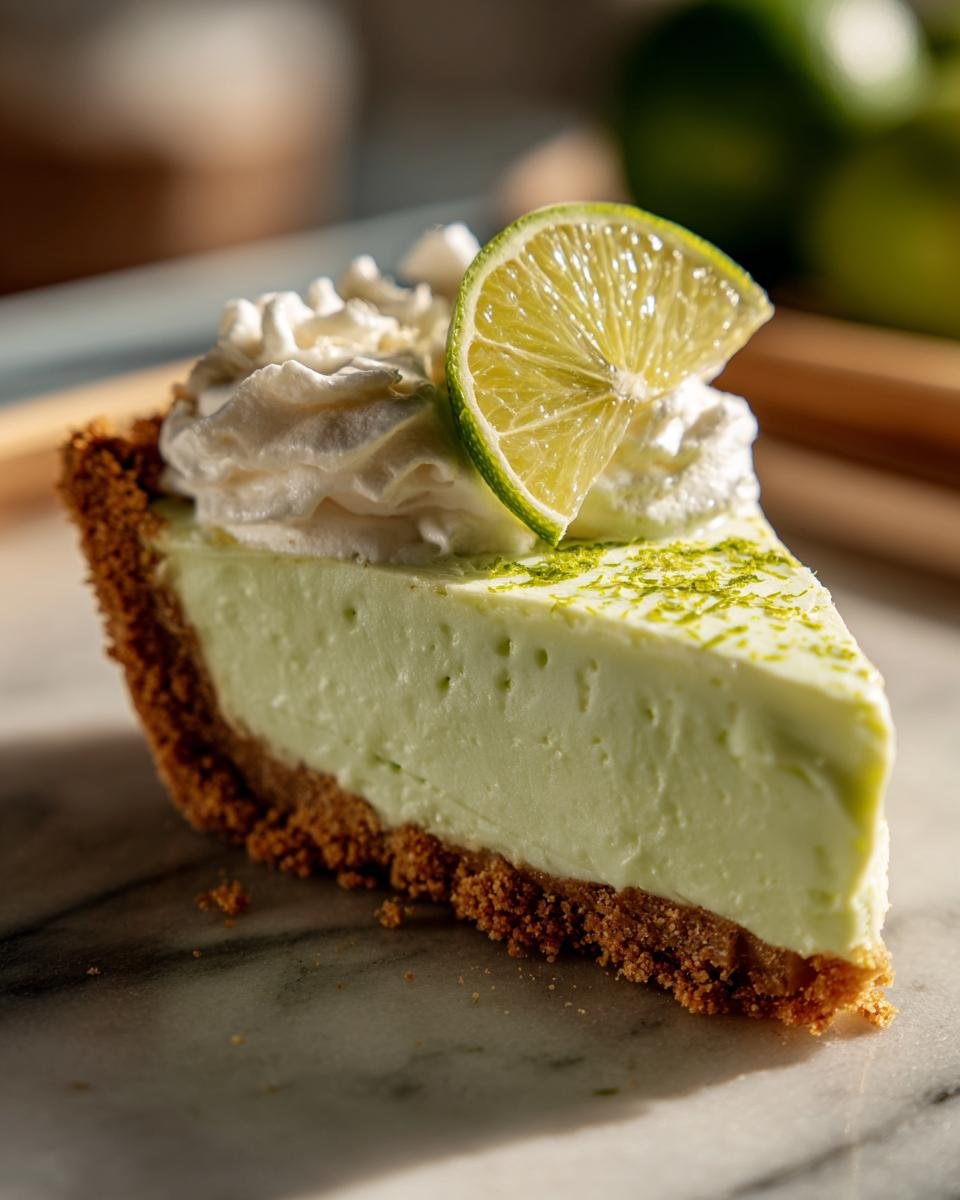 A slice of key lime pie with a graham cracker crust, topped with whipped cream and a lime slice.