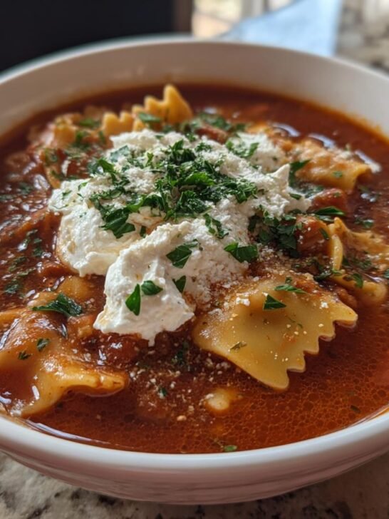 A close-up of a hearty bowl of lasagna soup recipe, topped with dollops of ricotta cheese and fresh parsley.