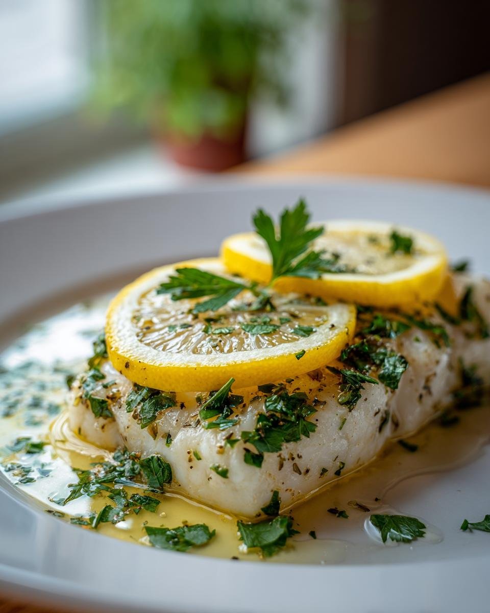 A beautifully baked cod fillet topped with lemon slices and fresh parsley, resting in a light sauce.