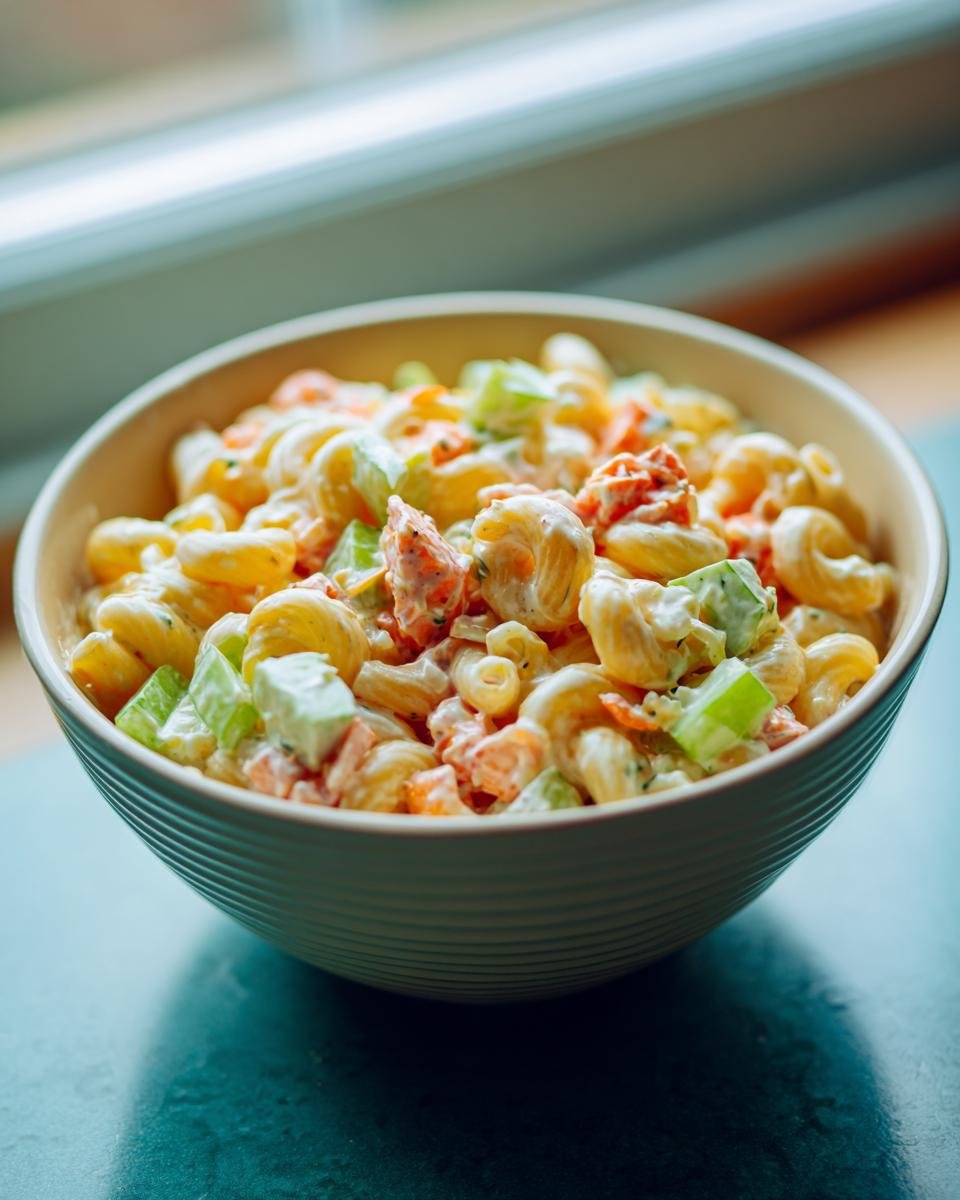 A close-up of a bowl filled with creamy macaroni salad recipe, featuring elbow pasta, diced celery, and carrots.
