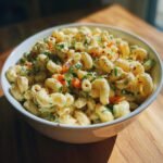 A bowl of creamy macaroni salad recipe with chopped carrots, celery, and parsley, seasoned with red pepper flakes.