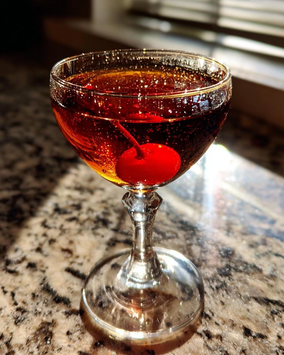 A classic Manhattan recipe cocktail in a coupe glass, garnished with a bright red maraschino cherry.
