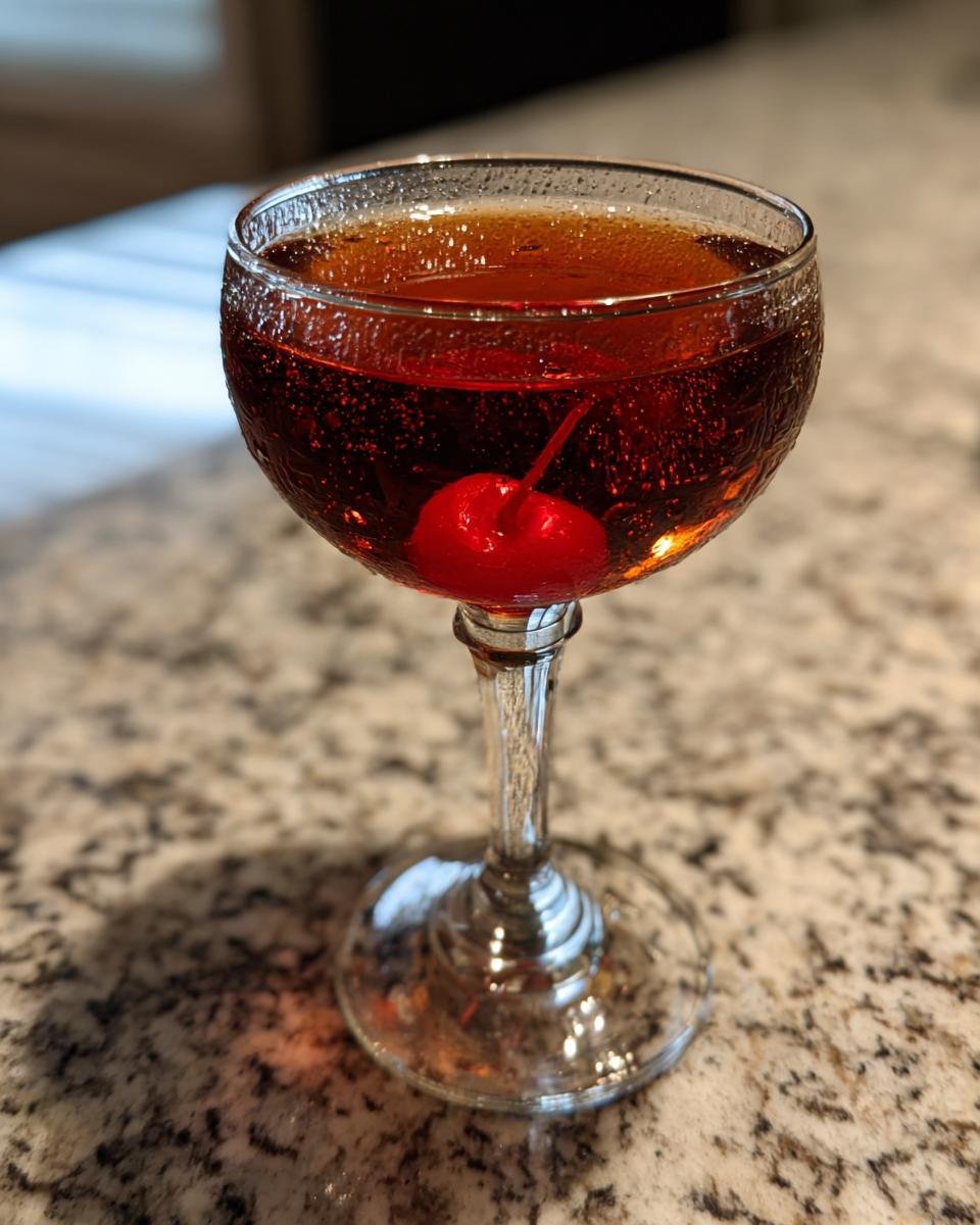 A perfectly crafted Manhattan recipe cocktail in a coupe glass, garnished with a bright red cherry.
