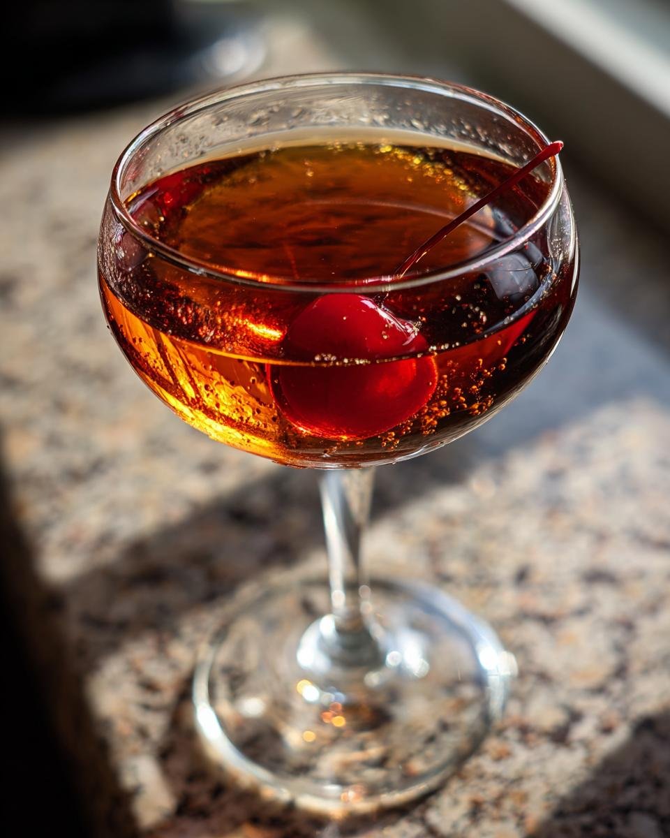A classic Manhattan recipe cocktail in a coupe glass, garnished with a bright red maraschino cherry.