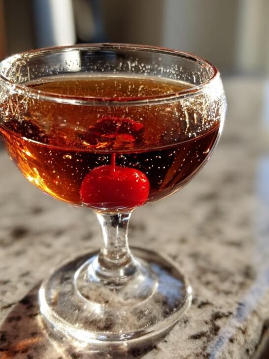 A perfectly chilled Manhattan recipe cocktail in a coupe glass with a maraschino cherry garnish.