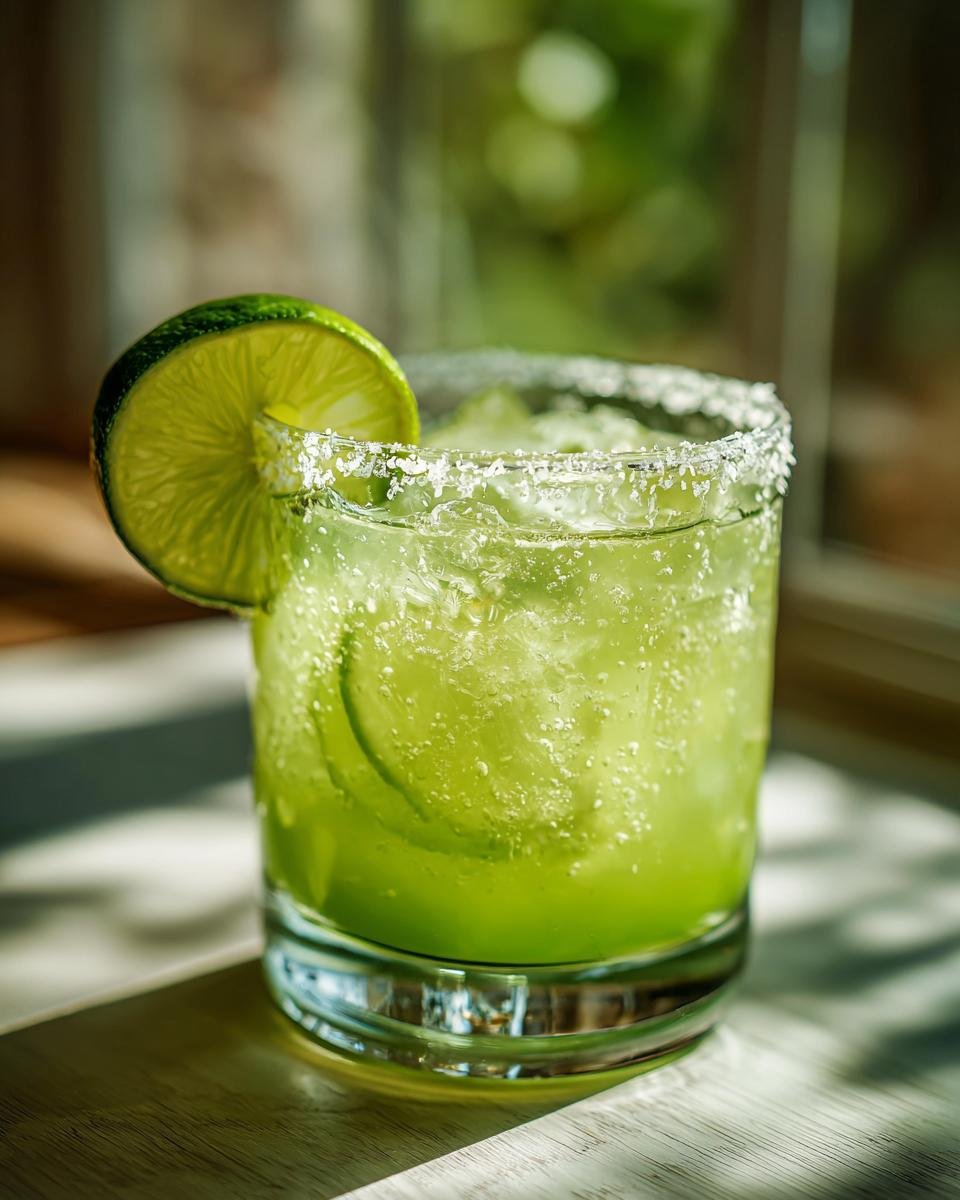 A close-up of a vibrant green margarita in a salt-rimmed glass, garnished with a lime wedge and lime slices.