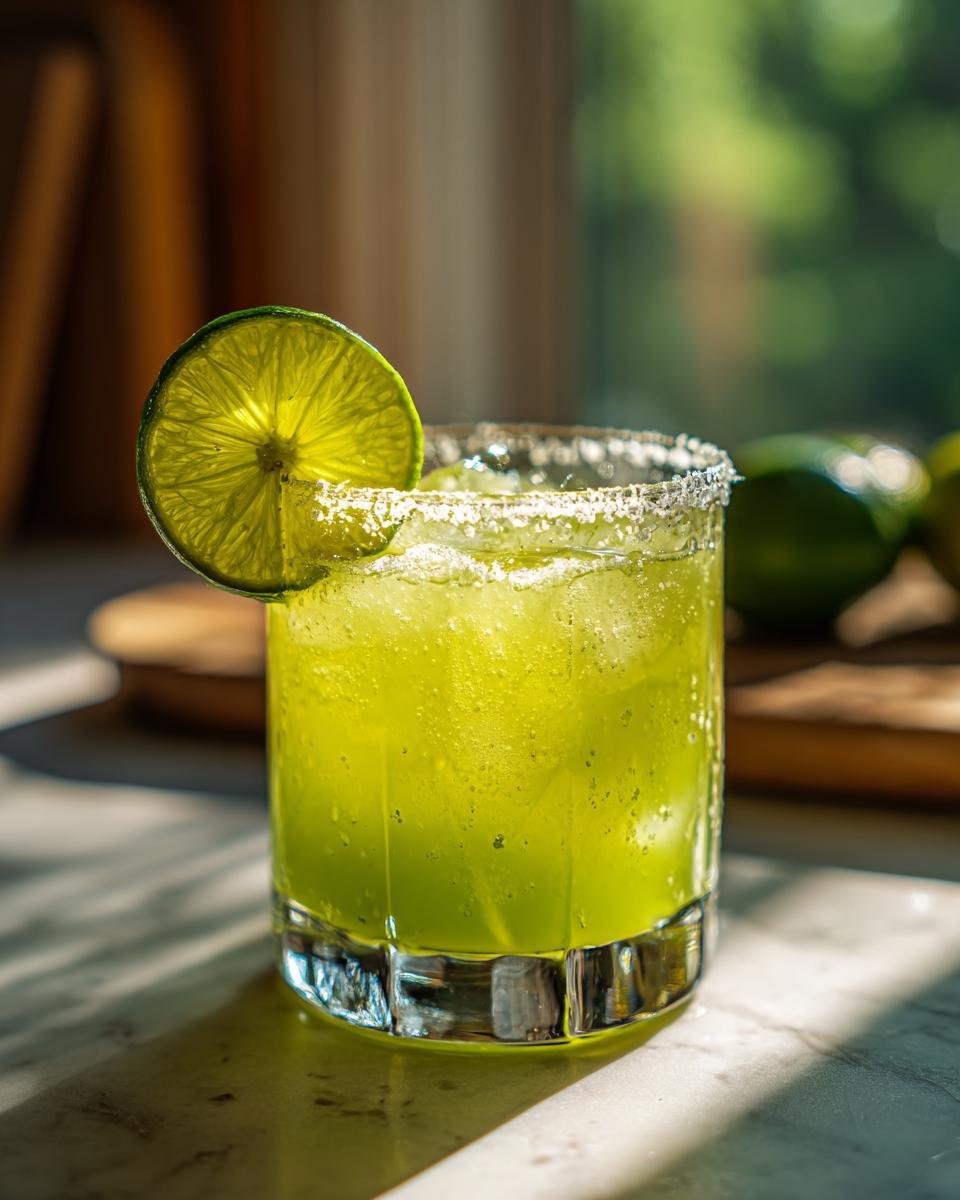 A refreshing margarita recipe served in a glass with a salted rim and a lime wedge garnish, filled with ice.