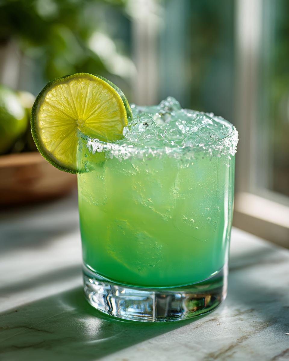 A refreshing margarita recipe cocktail in a glass with ice, a salt rim, and a lime wedge garnish.