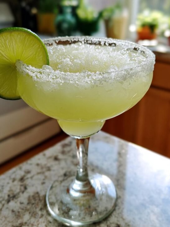 A refreshing margarita recipe in a salt-rimmed glass, garnished with a lime wedge.