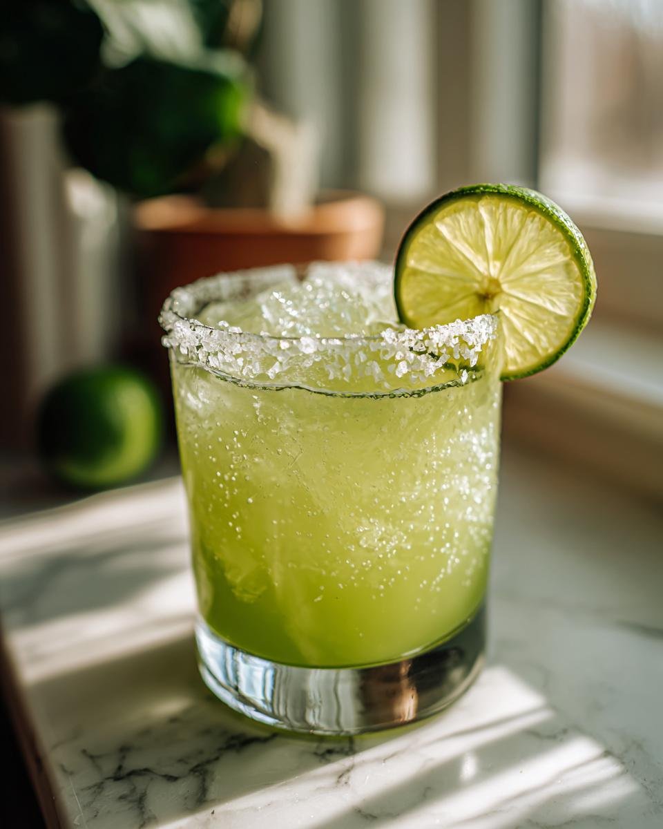 A refreshing margarita recipe cocktail in a salt-rimmed glass, garnished with a lime wheel and served over ice.